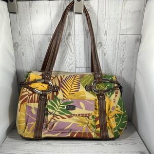 Bright & Colorful Floral Relic Handbag Braided Accents Boho Retro Brown Handles